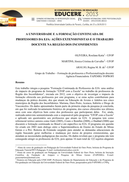 A Universidade E a Formação Continuada De Professores Da Eja: Ações Extensionistas E O Trabalho Docente Na Região Dos Inconfidentes
