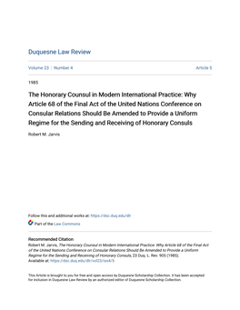 The Honorary Counsul in Modern International Practice