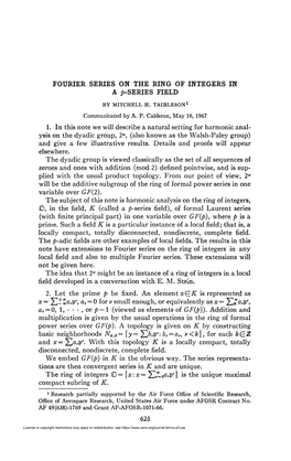 Fourier Series on the Ring of Integers in a ^-Series Field 1