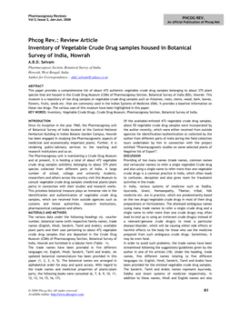 Phcog Rev.: Review Article Inventory of Vegetable Crude Drug Samples Housed in Botanical Survey of India, Howrah A.B.D