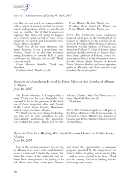 Remarks at a Luncheon Hosted by Prime Minister Sali Berisha of Albania in Tirana June 10, 2007