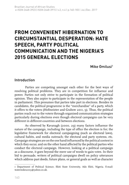 Hate Speech, Party Political Communication and the Nigeria’S 2015 General Elections