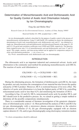 Determination of Monochloroacetic Acid and Dichloroacetic Acid for Quality Control of Acetic Acid Chlorination Industry by Ion Chromatography