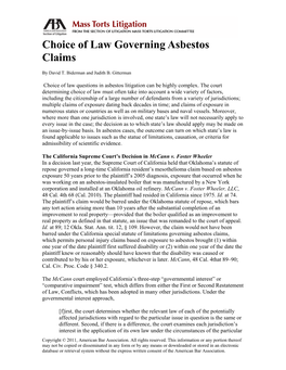 Choice of Law Governing Asbestos Claims