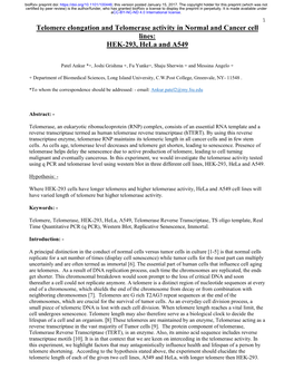 Telomere Elongation and Telomerase Activity in Normal and Cancer Cell Lines: HEK-293, Hela and A549