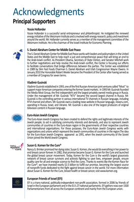 Acknowledgments Principal Supporters Yossie Hollander Yossie Hollander Is a Successful Serial Entrepreneur and Philanthropist