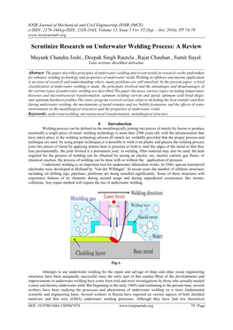 Scrutinize Research on Underwater Welding Process: a Review