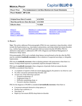 Polysomnography for Non-Respiratory Sleep Disorders