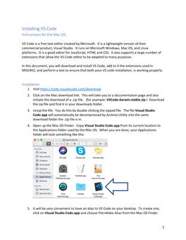 Installing VS Code Instructions for the Mac OS