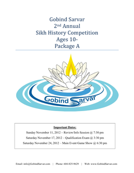 Gobind Sarvar 2Nd Annual Sikh History Competition Ages 10- Package A