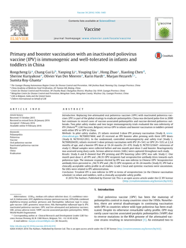 IPV) Is Immunogenic and Well-Tolerated in Infants and Toddlers in China