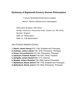 Dictionary of Eighteenth-Century German Philosophers