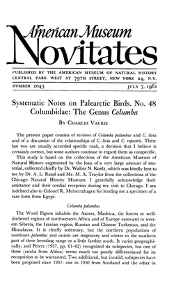 Columbidae: the Genus Columba by CHARLES VAURIE