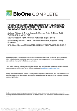 FOOD and HABITAT RELATIONSHIPS of CLAASSENIA SABULOSA (PLECOPTERA: PERLIDAE) in the UPPER COLORADO RIVER, COLORADO Authors: Richard A