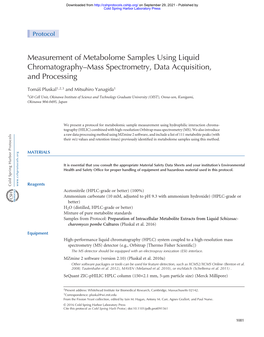 Measurement of Metabolome Samples Using Liquid Chromatography–Mass Spectrometry, Data Acquisition, and Processing