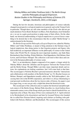 Nikolay Milkov and Volker Peckhaus (Eds.): the Berlin Group and the Philosophy of Logical Empiricism. Boston Studies in the Philosophy and History of Science 273