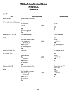 Stage Technique International D'archives) Année 1951 À 2012 COORDONNEES DES