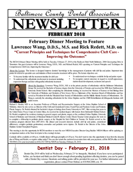 FEBRUARY 2018 February Dinner Meeting to Feature Lawrence Wang, D.D.S., M.S