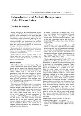 Palaeo-Indian and Archaic Occupations of the Rideau Lakes