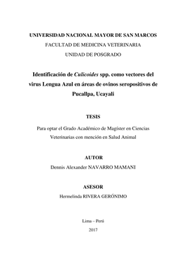 Identificación De Culicoides Spp. Como Vectores Del Virus Lengua Azul En Áreas De Ovinos Seropositivos De Pucallpa, Ucayali