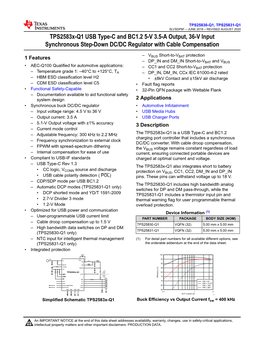 Tps2583x-Q1 USB Type-C and BC1.2 5-V 3.5-A Output, 36-V Input Synchronous Step-Down DC/DC Regulator with Cable Compensation
