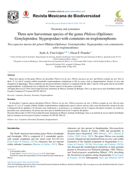 Three New Harvestman Species of the Genus Philora (Opiliones: Gonyleptoidea: Stygnopsidae) with Comments on Troglomorphisms