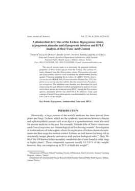 Antimicrobial Activities of the Lichens Hypogymnia Vittata, Hypogymnia Physodes and Hypogymnia Tubulosa and HPLC Analysis of Their Usnic Acid Content