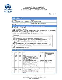 FORMATO DE INFORME DE REALIZACIÓN DE AUDIENCIA DE RENDICIÓN DE CUENTAS Periodo Reportado: 01 De Enero De 2019 Al 31 De Diciembre De 2019