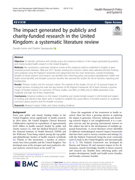 The Impact Generated by Publicly and Charity-Funded Research in the United Kingdom: a Systematic Literature Review Daniela Gomes and Charitini Stavropoulou*