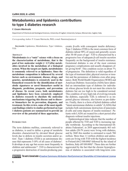 Metabolomics and Lipidomics Contributions to Type 1 Diabetes Research F