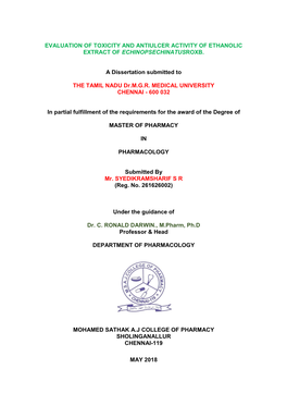 Evaluation of Toxicity and Antiulcer Activity of Ethanolic Extract of Echinopsechinatusroxb