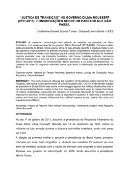 “Justiça De Transição” No Governo Dilma Rousseff (2011-2016): Considerações Sobre Um Passado Que Não Passa