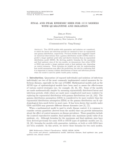 Final and Peak Epidemic Sizes for Seir Models with Quarantine and Isolation