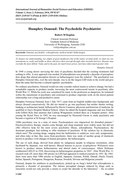 Humphry Osmond: the Psychedelic Psychiatrist