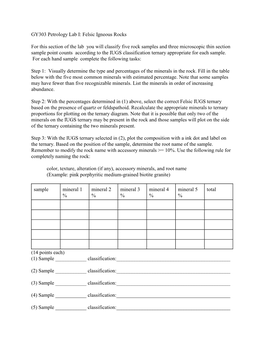 GY303 Petrology Lab I: Felsic Igneous Rocks for This Section of the Lab