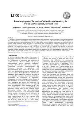 Biostratigraphy of Devonian-Carboniferous Boundary in Tuyeh-Darvar Section, North of Iran