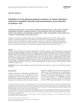 Guidelines for the Pharmacological Treatment of Anxiety Disorders, Obsessive– Compulsive Disorder and Posttraumatic Stress Disorder in Primary Care