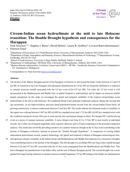 Circum-Indian Ocean Hydroclimate at the Mid to Late Holocene Transition: the Double Drought Hypothesis and Consequences for the Harappan Nick Scroxton1,2,3, Stephen J