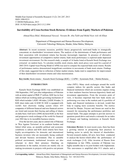Evidence from Equity Markets of Pakistan