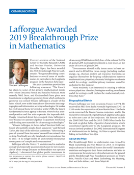 Lafforgue Awarded 2019 Breakthrough Prize in Mathematics