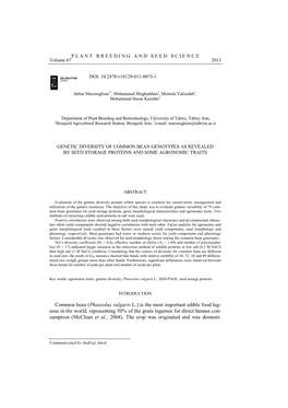 Common Bean Genotypes As Revealed by Seed Storage Proteins and Some Agronomic Traits