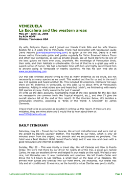 VENEZUELA La Escalera and the Western Areas May 29 – June 11, 2005 by RON HOFF Clinton, Tennessee USA