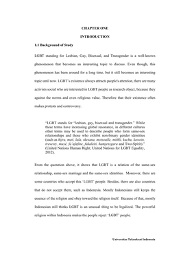 CHAPTER ONE INTRODUCTION 1.1 Background of Study LGBT Standing for Lesbian, Gay, Bisexual, and Transgender Is a Well-Known Phen