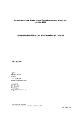 Introduction of New Stocks Into the Quota Management System on 1 October 2005