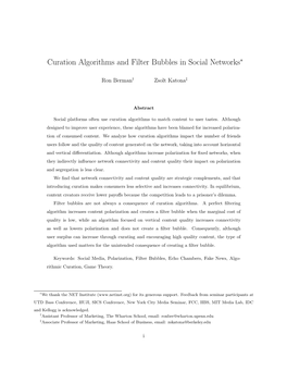 Curation Algorithms and Filter Bubbles in Social Networks∗