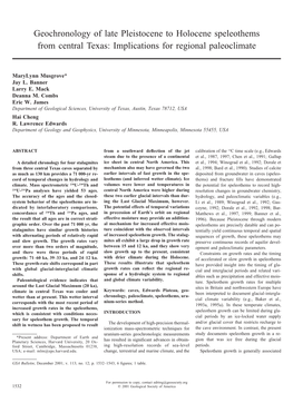 Geochronology of Late Pleistocene to Holocene Speleothems from Central Texas: Implications for Regional Paleoclimate