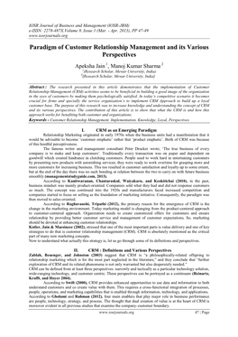 Paradigm of Customer Relationship Management and Its Various Perspectives