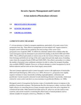 Invasive Species Management and Control: Avian Malaria (Plasmodium Relictum)