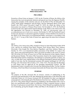 1 the General Statutes Militia Immaculatae—MI PREAMBLE Erected As a Pious Union on January 2, 1922, by the Vicariate of Rome