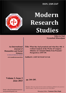 A Critical Analysis of the Works of Congress Ministry in Colonial Odisha from Peasants’ Perspectives (1937-39)